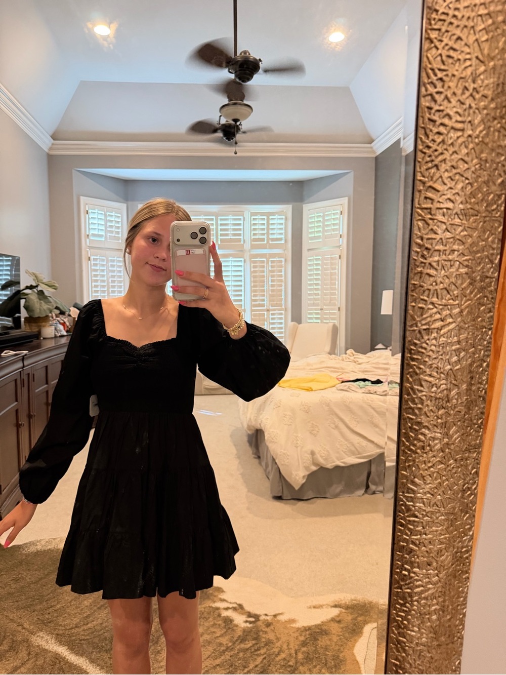 Altar'd State Black Long Sleeve Tiered Mini Dress